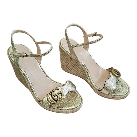 Gucci GG Aitana Marmont Espadrille Wedge Sandal Gold Leather Size 36.5 US 6.5 - Picture 1 of 11
